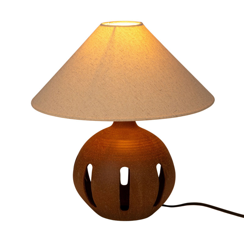 Brown Ceramic Table Lamp with Natural Linen Shade and Cut-Outs