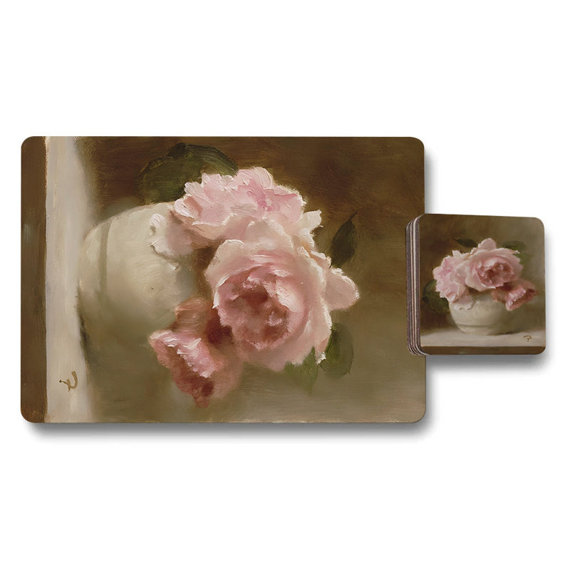 Rose Bouquet Placemat and Coaster Set in Designer Artwork Exclusive on Wood Base 12 Pieces