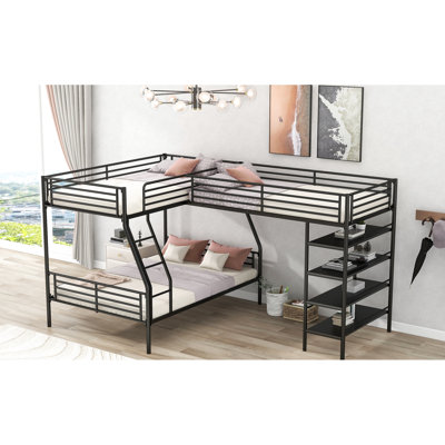 Lit superposé en L avec tablettes - Métal, noir pour chambre à coucher moderne