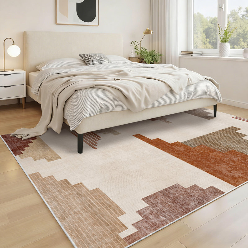 Washable Area Rug Orange & Brown Modern Soft Accent Rug Low Pile Distressed Floor Carpet for Living Room Bedroom Kitchen Dining
