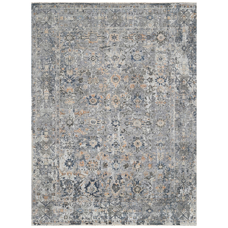 Tapis gris et ardoise de haute qualité noué à la main, Rectangle 9 pi x 12 pi