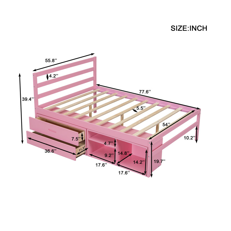 Size Wood Platform Bed With Removable Storage Shelves, Built-In Two Storage Drawers For Added Convenience,, Pink, Full