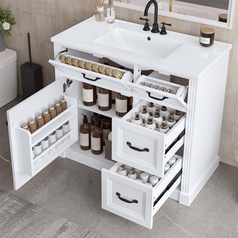 Meuble-lavabo simple sur pied 36 po avec lavabo en céramique, charnières et tiroirs à fermeture en douceur, Noir, Blanc