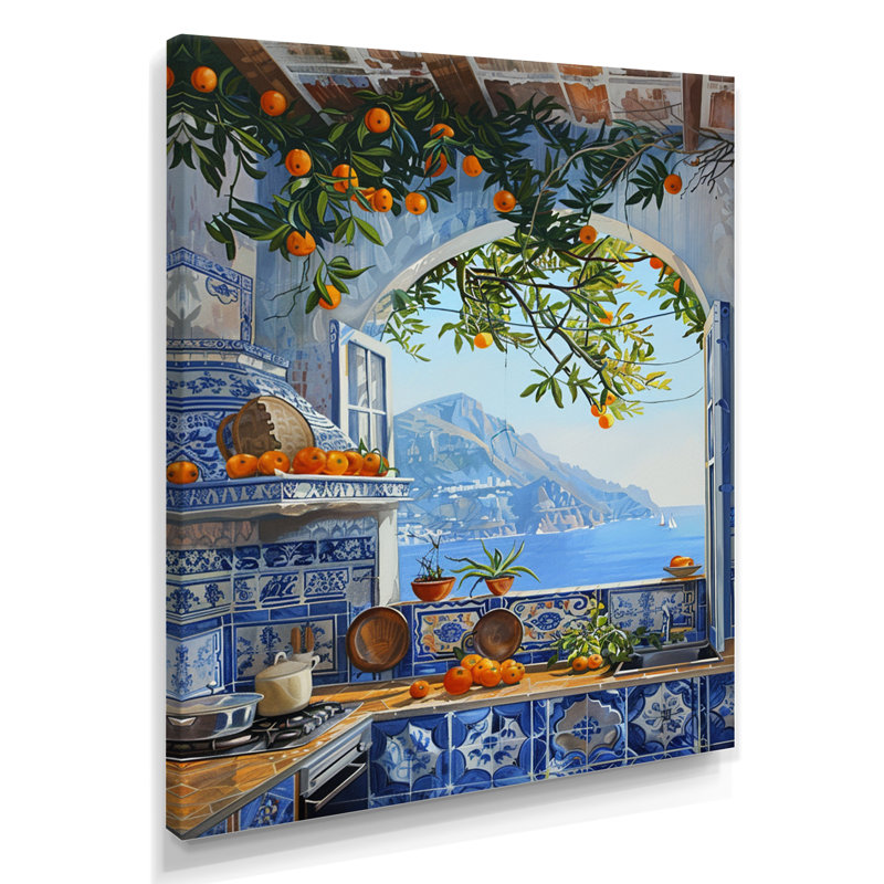 Fenêtre vue de la mer méditerranée cuisine oranges I - cuisine, art mural, H 32 po x l 16 po x P 1 po, Toile tendue
