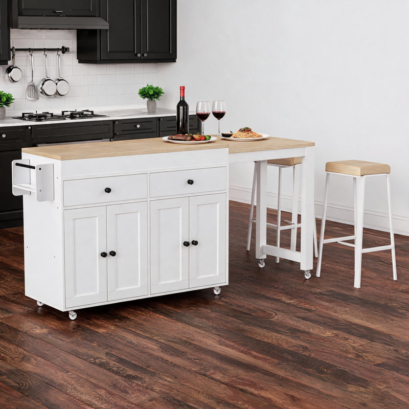 Îlot de cuisine à roulettes blanc de 189 cm (74,5 po) avec table à manger extensible, tablette à épices, 2 tiroirs et armoire à 4 portes