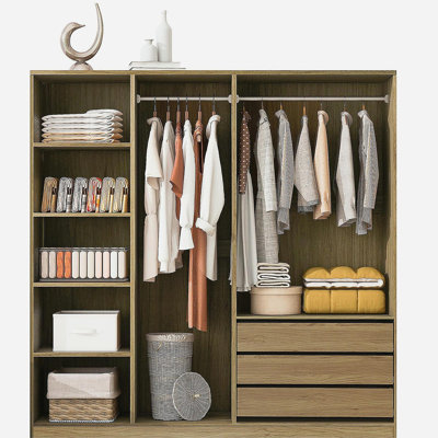 Armoire de rangement sans porte en bois pour chambre à coucher avec tablettes et 3 tiroirs