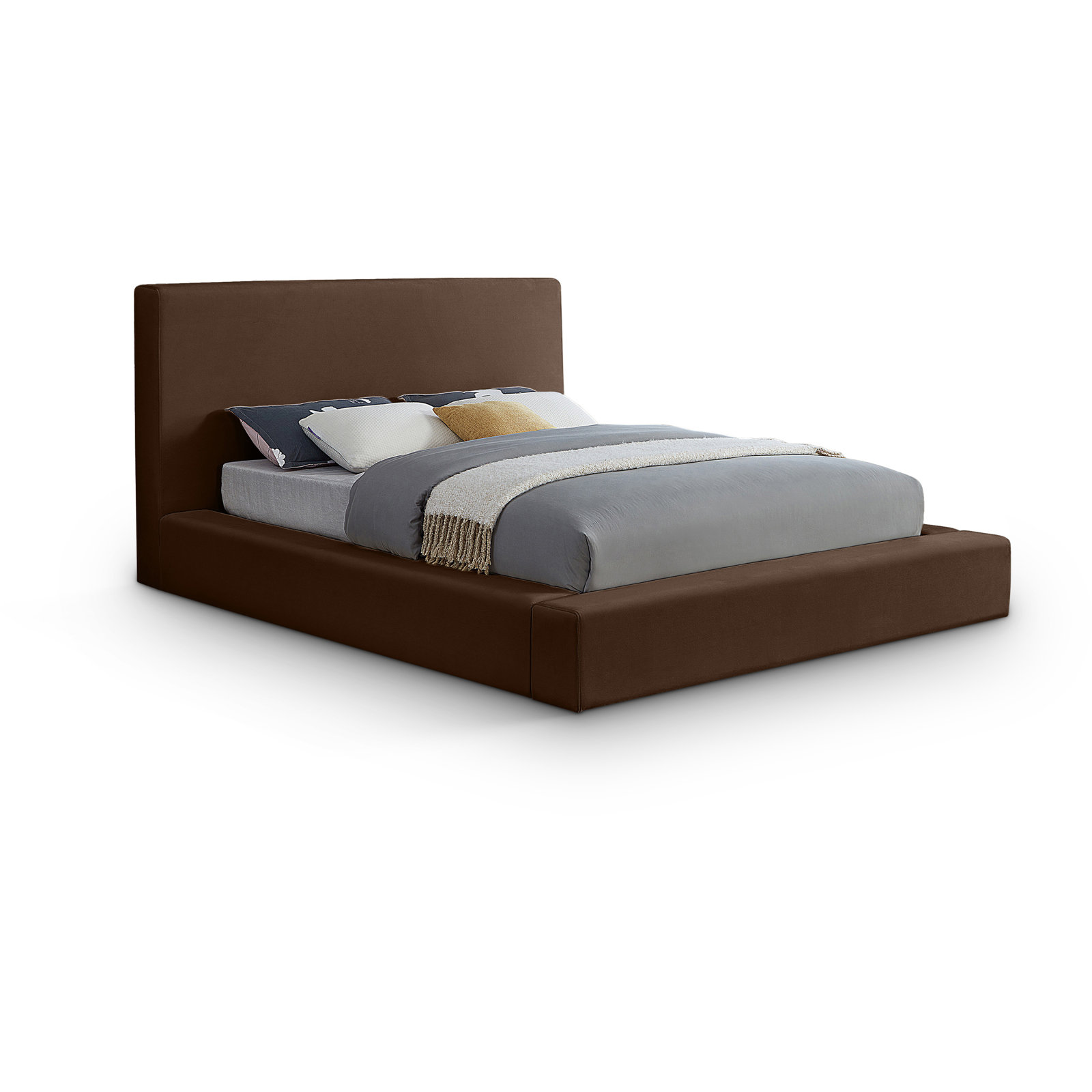 Ishia Upholstered Platform Bed, King, Brown Velvet