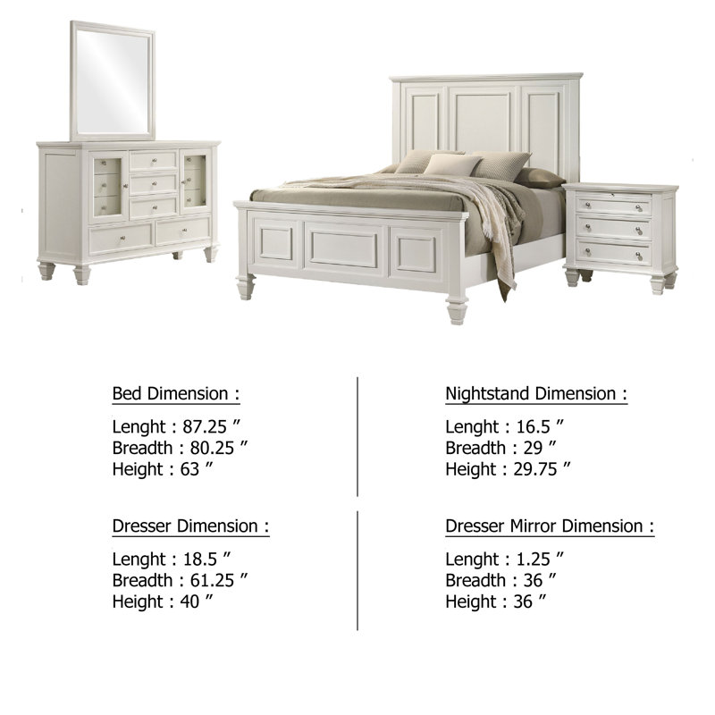 Ensemble de très grand lit 4 pièces Lila, tête de lit à panneau en bois blanc, commode de coiffeuse, Blanc crème, Grand