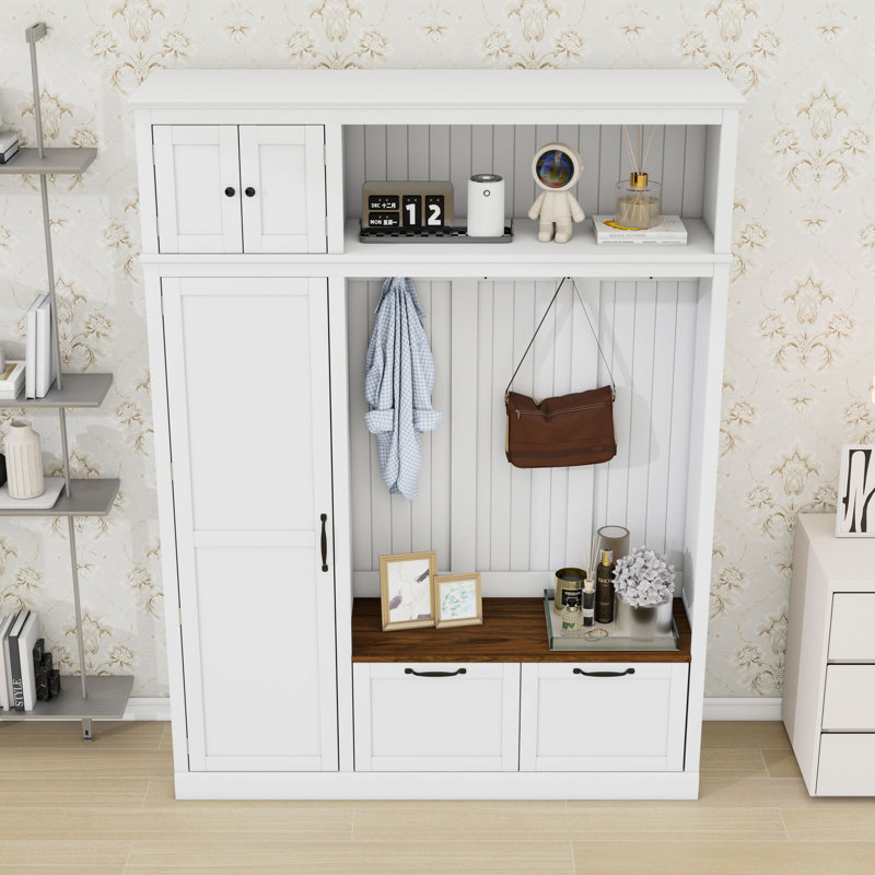Elegant Hall Tree with Adjustable Compartments and Concealed Drawers, White