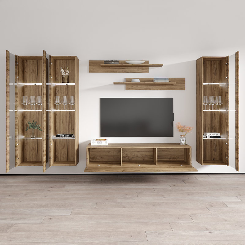 Aubrea 120" Modern Floating Wall Mounted Entertainment Center with 16-Color LED Lighting, High Gloss Finish, Oak