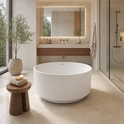 Modern 49-1/5” Solid Surface Freestanding Round Soaking Bathtub with Overflow and Drain