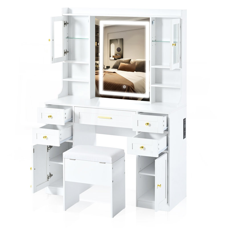 Meuble-lavabo de 41,4 po avec miroir et lumières, table de maquillage avec 5 tiroirs et 4 armoires, coiffeuse avec station de charge et tabouret de rangement rembourré pour la chambre à coucher, blanc