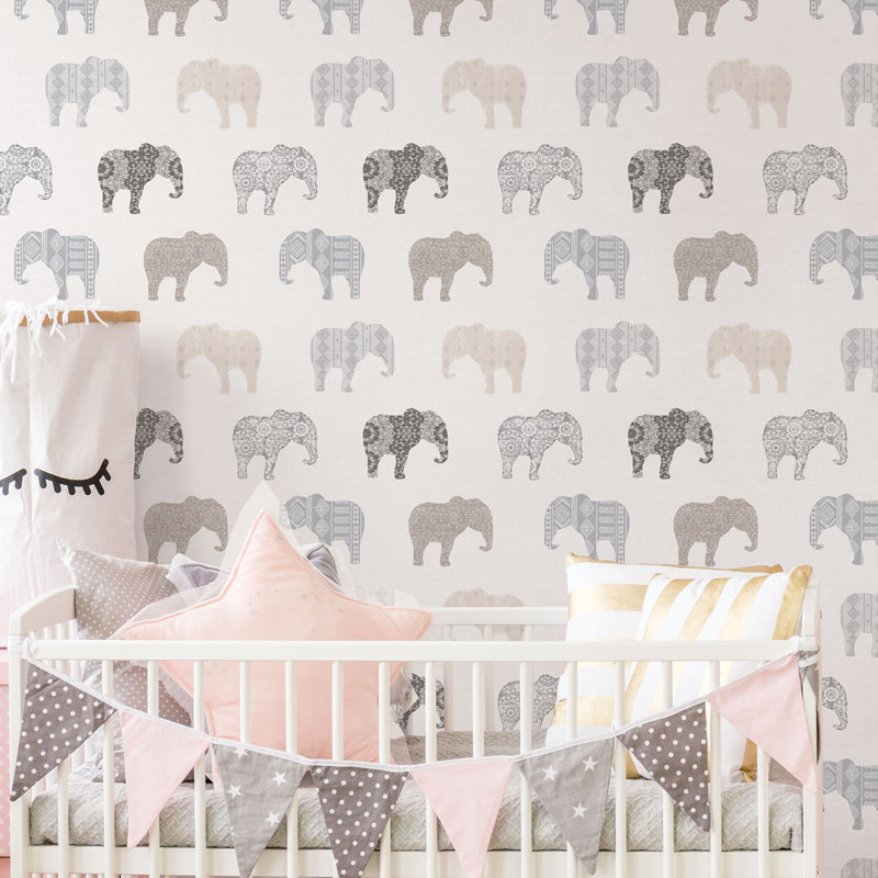 Just 4 Kids 2 Elephants Design 33' L x 21" W Wallpaper Roll, Gray/Beige/White