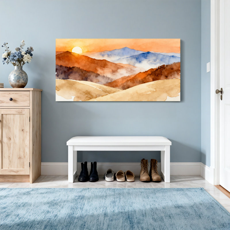 «Landscape & Nature Sunset Mountain Landscape», reproduction d'art à l'aquarelle, H 24 po x l 48 po