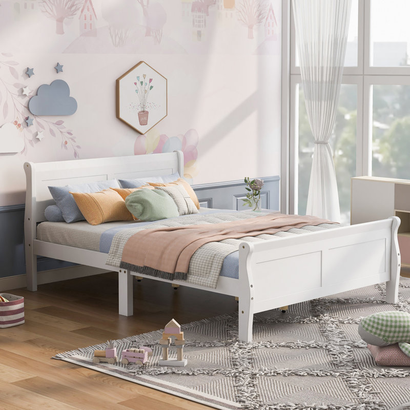 Grand lit plateforme en bois avec tête de lit, Blanc, Grand lit