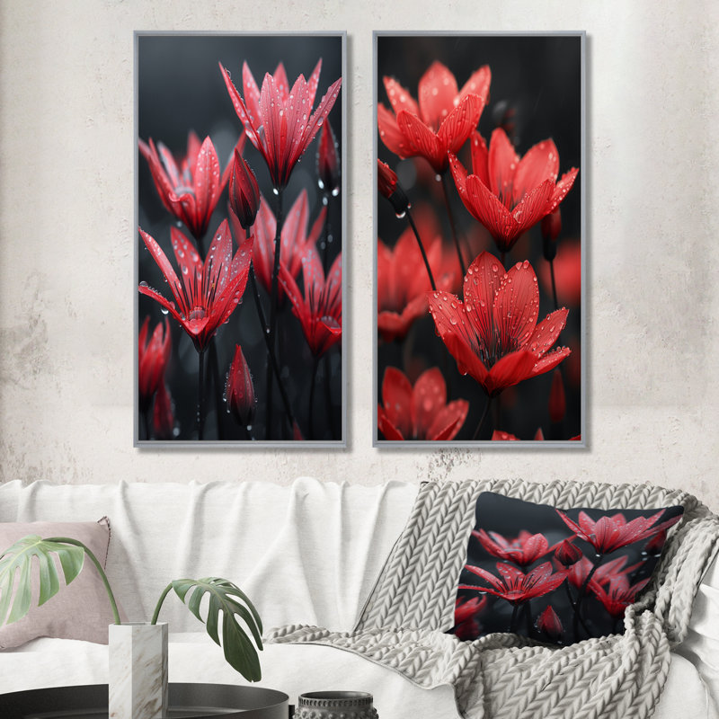 Monochromes rouges, noirs, pissenlits, gouttes de pluie, H 32 po x l 32 po, Impression encadrée, Argent argent