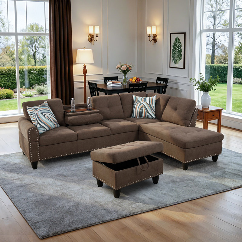 96" Wide 3 Piece Upholstered Sectional With Ottoman, Right Hand Facing