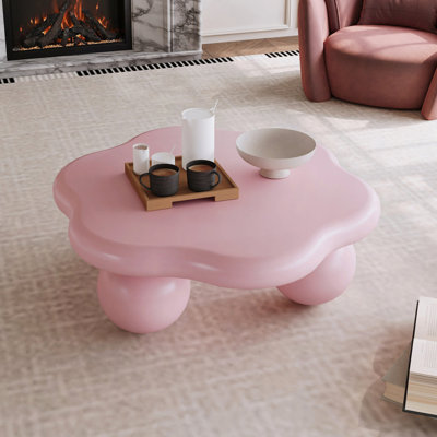 Table basse de 35 po en forme de nuage, table basse minimaliste moderne en forme de pétale avec pieds sphériques, table de salon Macaron rose pour enfants et animaux de compagnie
