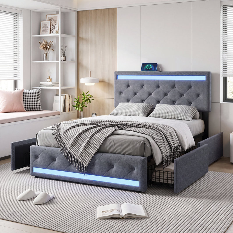 Aadi Bed with LED and USB Base, Double Bed with 4 Storage Drawers and Slatted Base, Bed Frame for Adults and Teenagers