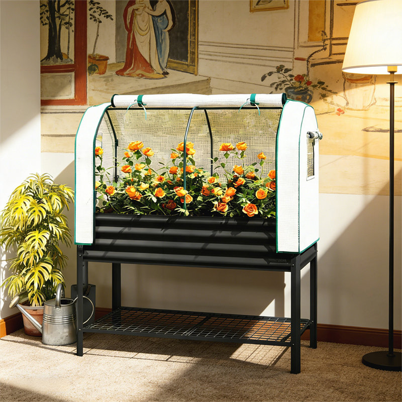 Spacious Outdoor Raised Garden Bed Planter Box with Greenhouse Cover and Storage, Ideal for Easy and Efficient Gardening.