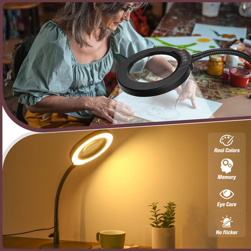 10X Magnifying Glass With LED Light And Stand, Stepless Dimmable Desk Lamp With 5 Color Modes, Flexible Gooseneck For Crafting, Hobbies, And Close Work