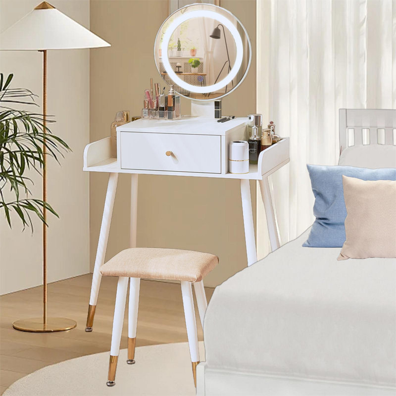 Ensemble de coiffeuse de maquillage avec miroir à luminosité réglable et station de charge, bureau d'habillage avec tabouret rembourré pour chambre de petit espace, pour les enfants