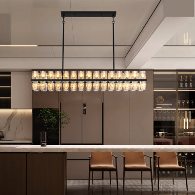 Rectangulaire moderne en cristal pour salle à manger, cuisine, hôtel. Cadre noir avec cristaux K9, hauteur réglable, 30w3, 120v, 2700k blanc chaud haut de gamme et accueil transparent. Industriel