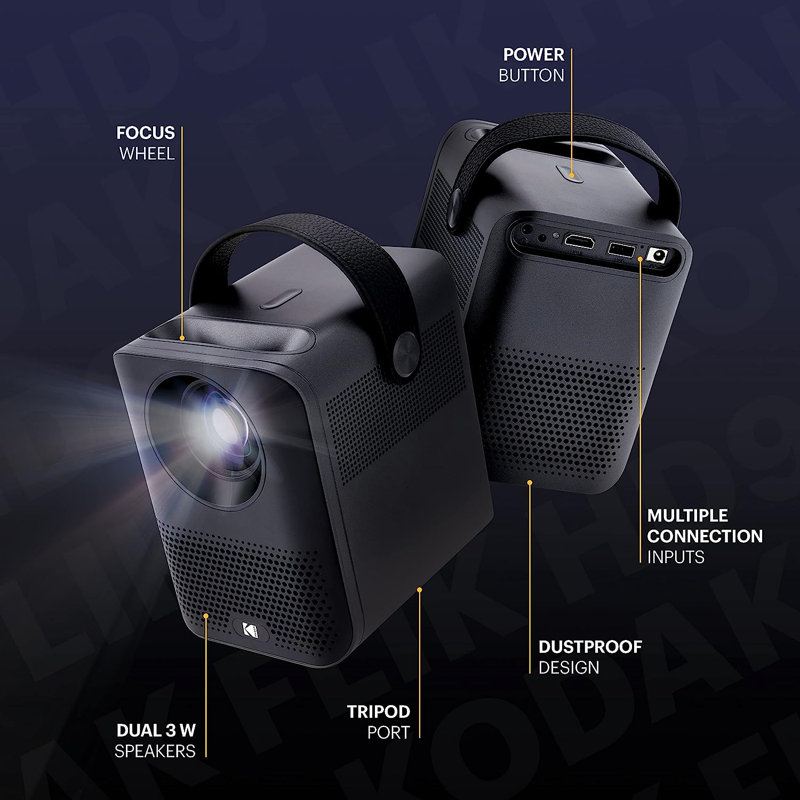 Projecteur intelligent KODAK FLik HD9, projecteur de film portable noir avec Android TV et Bluetooth, Noir