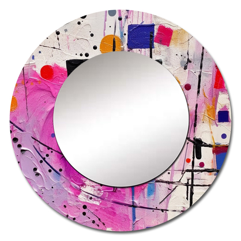 «Pink Cubism Unleashed» - miroir mural décoratif cubique, miroir rond rose, impression d'art en métal, 36 po x 36 po