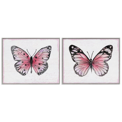Pink Butterflies with Vintage Cursive 2 Piece Framed Giclee Art Set, design by Janet Tava