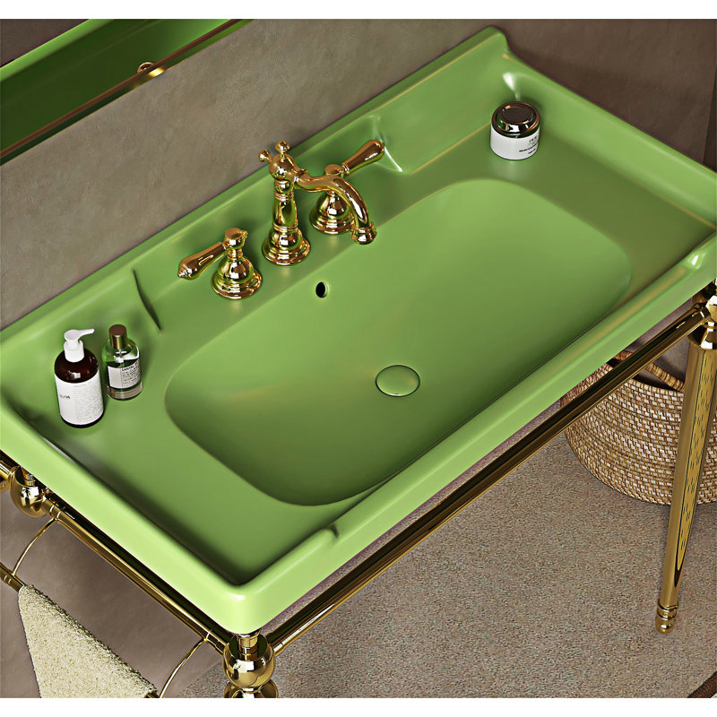 Lavabo de console de salle de bain, lavabo mural en céramique noire avec trous de robinet pré-percés, Doré, 36", Vert