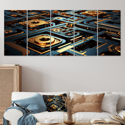 Mécanisme de mainframe bleu doré - art mural abstrait 5 pièces