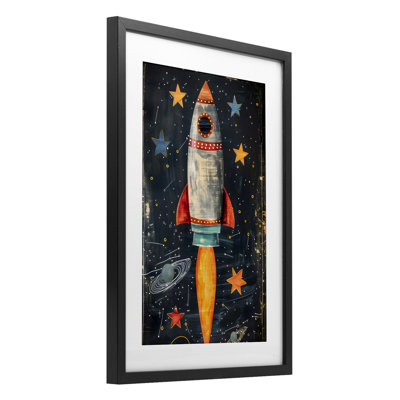 Blast Off Rocketship Framed Print Under Glass, design by Creative Studio