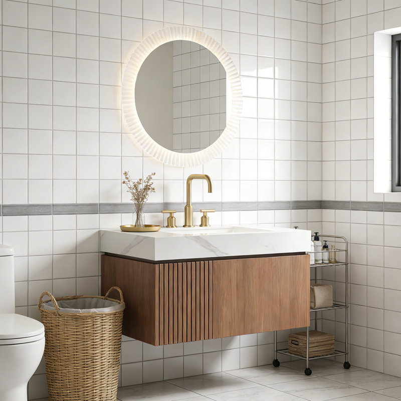 Meuble-lavabo flottant avec espace de rangement multifonctionnel et 3 trous de robinet pré-percés, Chêne brun, 36"