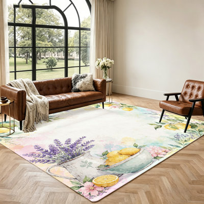 Tapis d'intérieur aquarelle à motifs floraux citron et lavande, doux et confortable, idéal pour le salon, la chambre à coucher, la terrasse et autres espaces de décoration.