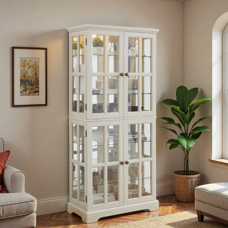 Vitrine antique avec portes en verre, tablettes réglables en verre et lumière DEL, White
