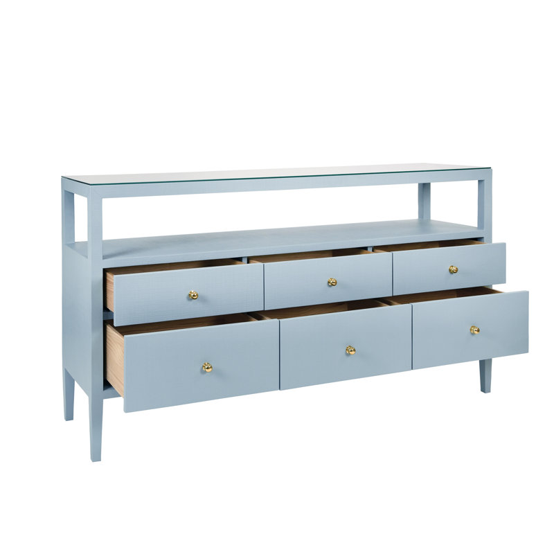 Six Drawer Console With Open Shelf In Burl Wood With Polished Brass Knobs, Light Blue