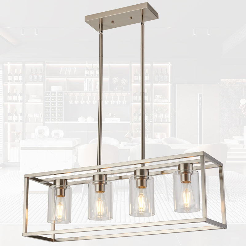 Dionna 4 - Luminaire suspendu linéaire pour îlot de cuisine avec abat-jour en verre, Nickel brossé