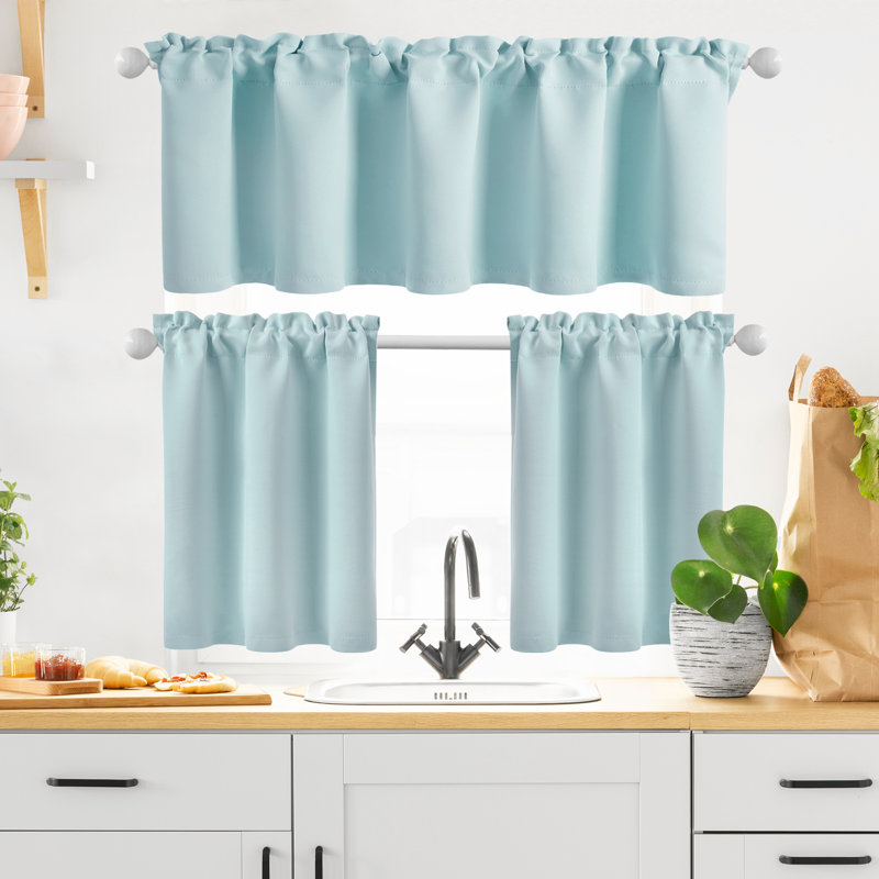 Blackout Rod Pocket Kitchen Curtain Valance and Tiers Set, 30" W x 26" L, Blue