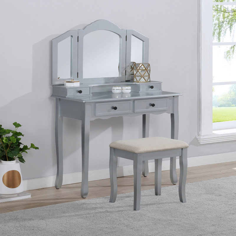 Wooden Vanity Make Up Table And Stool Set, Silver, Silver