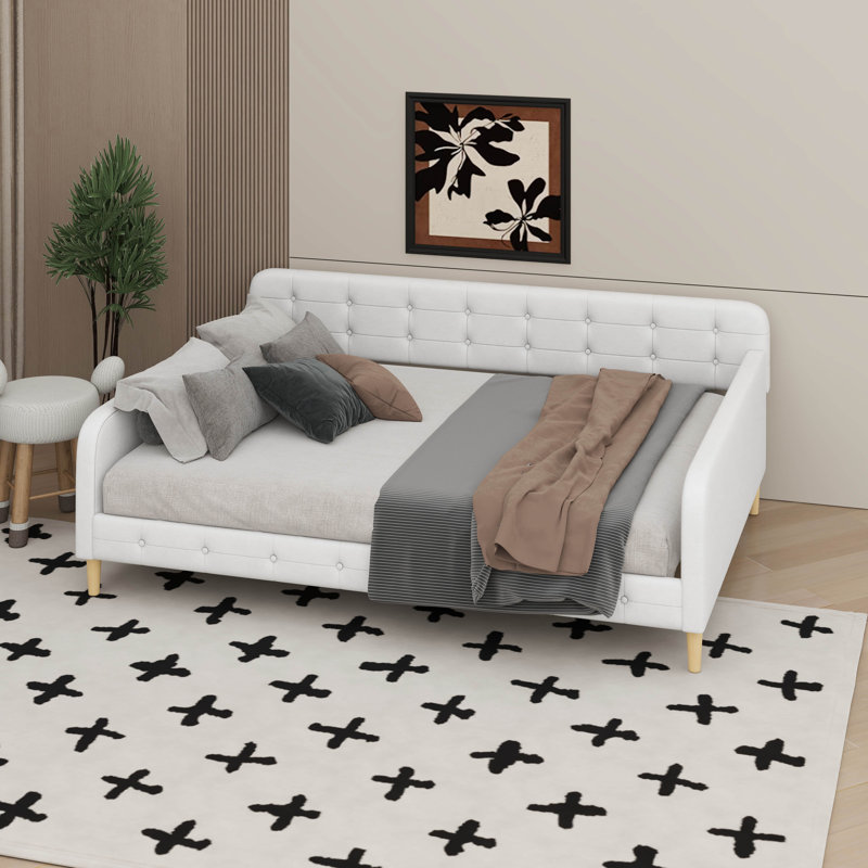 Queen Size Daybed Frame, Upholstered Linen Button Tufted Day Bed, Beige