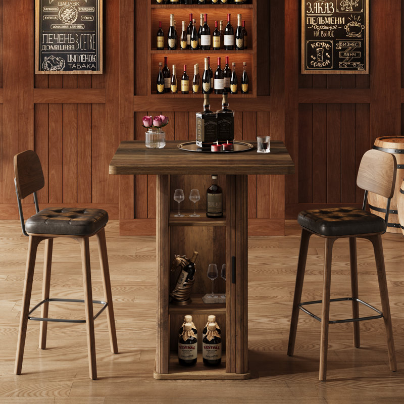27.6" Square Bar Table, Wooden Cocktail Table with 3-Tier Hidden Storage and Sliding Doors