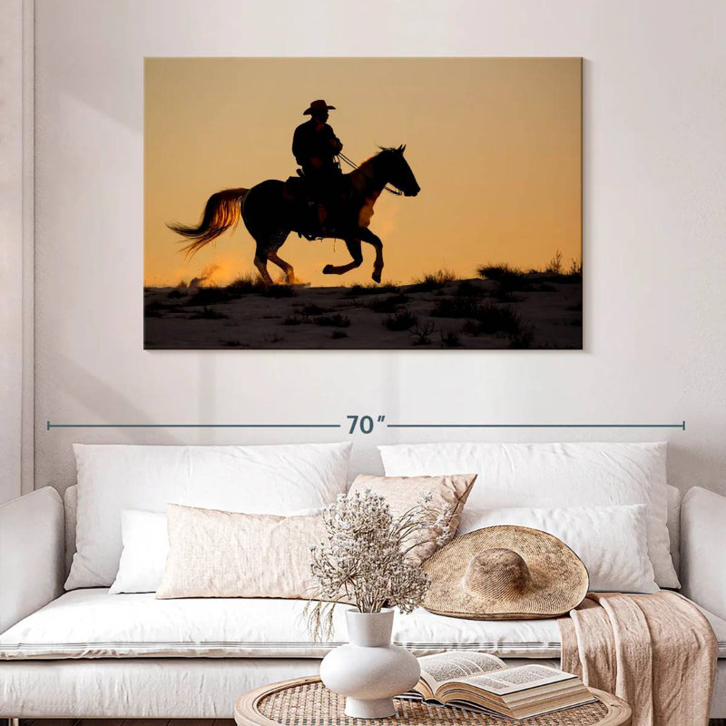 Lelar, cowboy à cheval, H 32 po x l 48 po