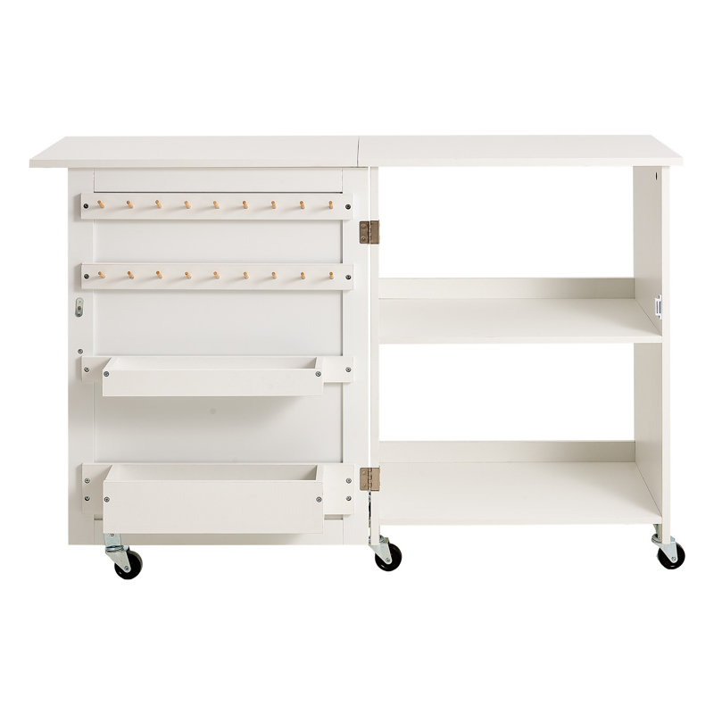 Table de machine à coudre pliante blanche avec roues verrouillables, support à fil et tablettes de rangement - Bureau d'artisanat compact pour Home Studio