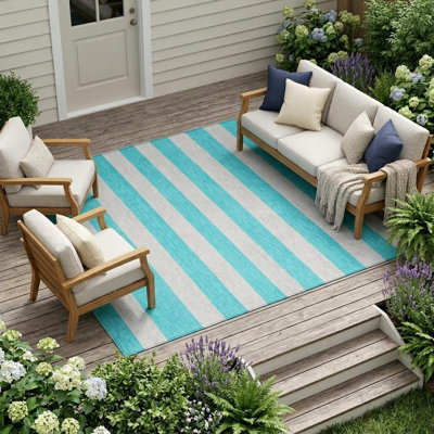 Tapis extérieur lavable antidérapant à rayures turquoise 10 pi x 14 pi