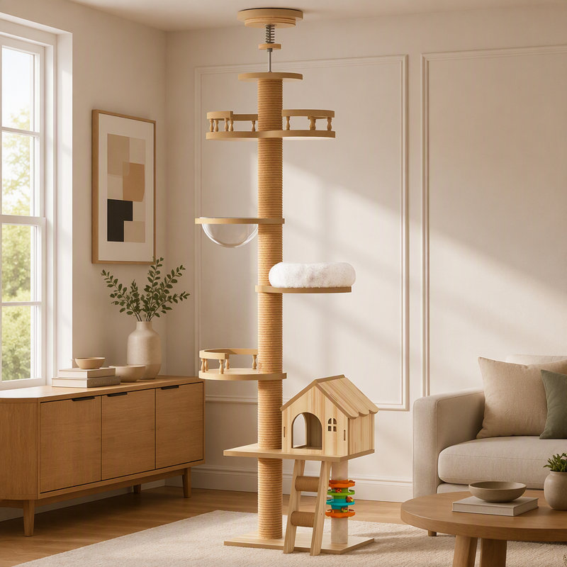 Arbre à chat du sol au plafond, hauteur réglable (98-110 pouces), grand lit niche et hamac pour le divertissement félin