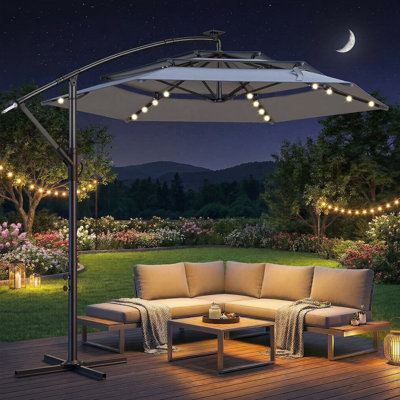 10ft 3-Tiered Cantilever Patio Umbrella Solar LED Lighted, Hanging Offset Market Outdoor Sun Shade for Beach, Backyard, Deck, Poolside