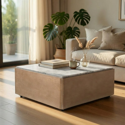 Joi 38 Inch Square Coffee Table, Real White Marble Top, Solid Mango Wood Base, Sandblasted Light Brown