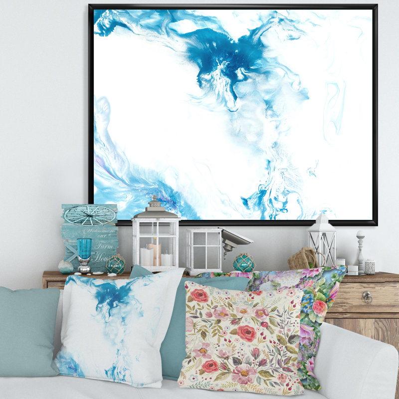Vague bleue liquide sur blanc I - Peinture sur toile, H 30 po x l 40 po, Cadre flottant noir