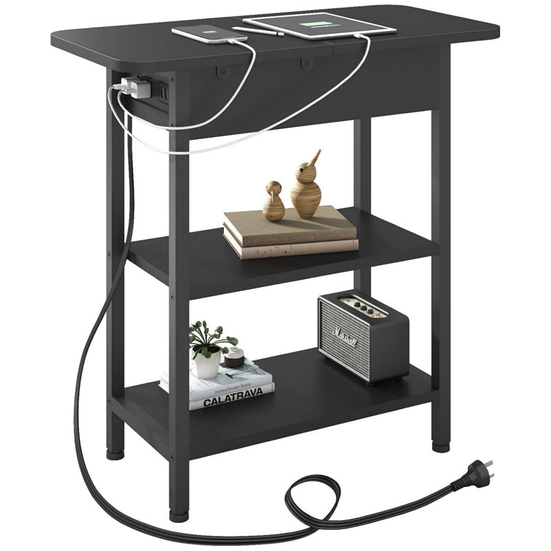 End Table With Charging Station, Flip Top Side Table With Usb Ports And Outlets, Nightstand For Small Spaces, Bedside Tables With Storage Shelf For Living Room, Bedroom, Black